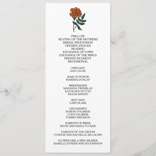 Minimalistisches Marigold-Hochzeitsprogramm Programm (Vorderseite)