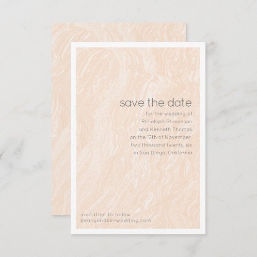 Minimalistisches Marmorfeuerpfirsich Elegant Hochz Save The Date (Vorne/Hinten)