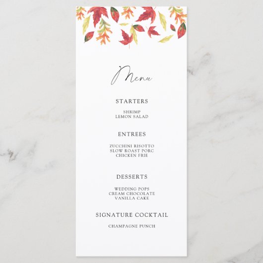 Minimalistisches Menü für Blätter mit Wasserfarben Menükarte (Vorderseite)