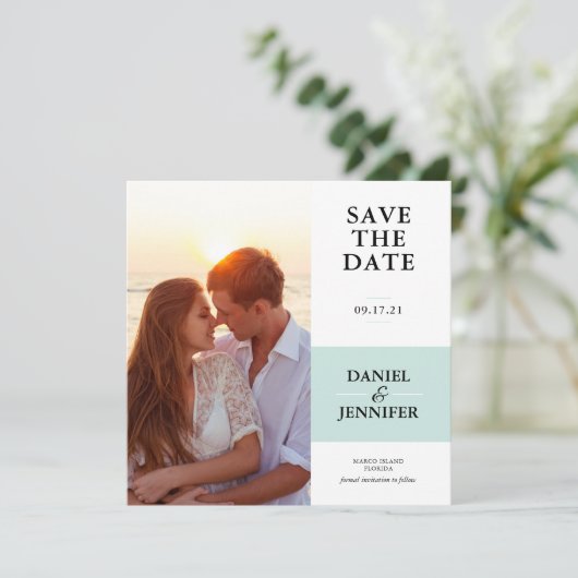 Minimalistisches Minze Foto Hochzeit speichern das Save The Date (Stehend Vorderseite)