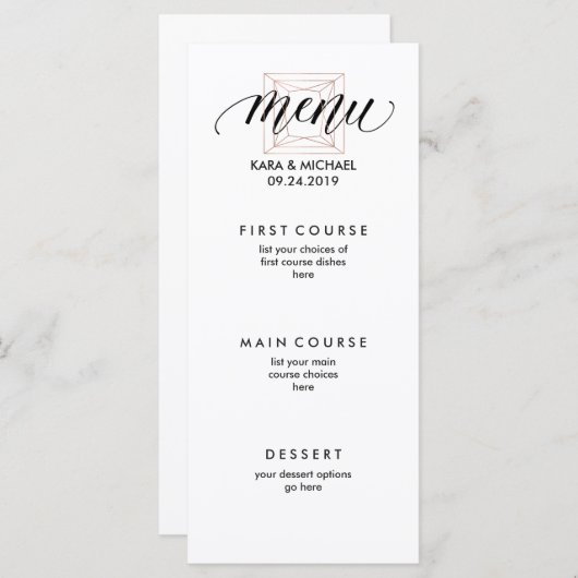 Minimalistisches Modern Geometric Diamond Wedding Menükarte (Vorne/Hinten)