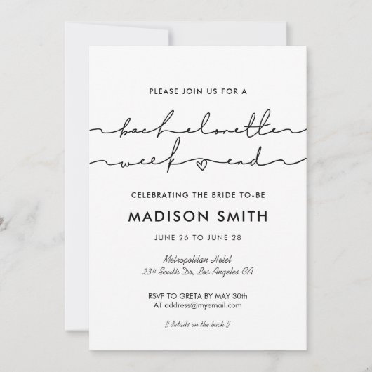 Minimalistisches, modernes Bachelorette-Wochenende Einladung (Vorderseite)