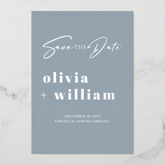 Minimalistisches, modernes, blaues Silber Save the Folieneinladung (Vorderseite)