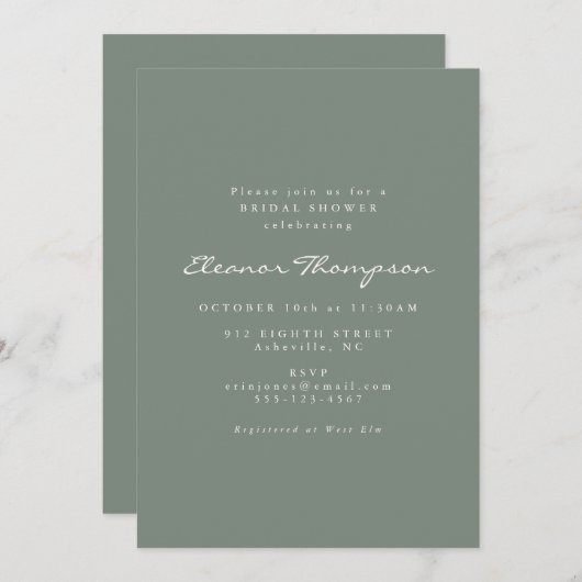 Minimalistisches modernes Dark Sage Script-Brautpa Einladung (Vorne/Hinten)