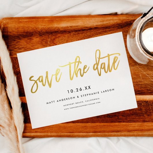 Minimalistisches, modernes Drehbuch weiß + Gold Save The Date