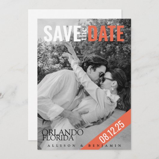 Minimalistisches, modernes, elegantes Schwarz-Weiß Save The Date (Vorne/Hinten)