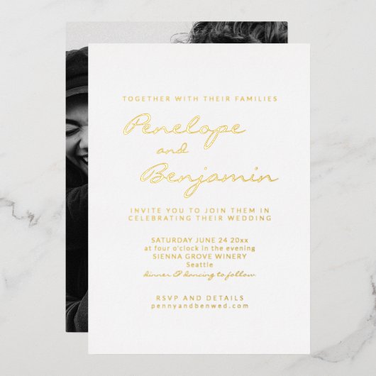 Minimalistisches modernes Foto Hochzeit Gold Folieneinladung (Vorderseite/Rückseite)