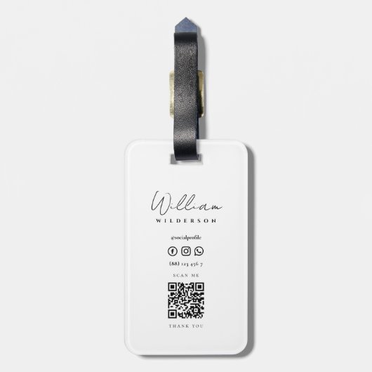 Minimalistisches, modernes Monogramm Qr Code Trave Gepäckanhänger (Rückseite vertikal)