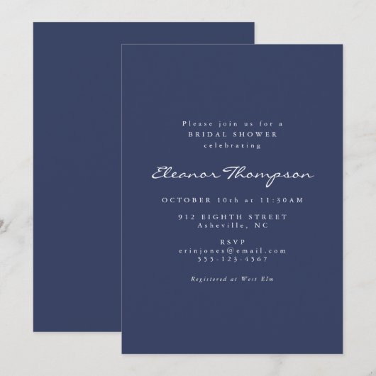 Minimalistisches modernes Navy Blue Script-Brautpa Einladung (Vorne/Hinten)