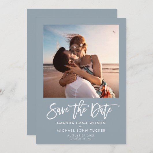 Minimalistisches, modernes Script Dusty Blue Chic Save The Date (Vorne/Hinten)