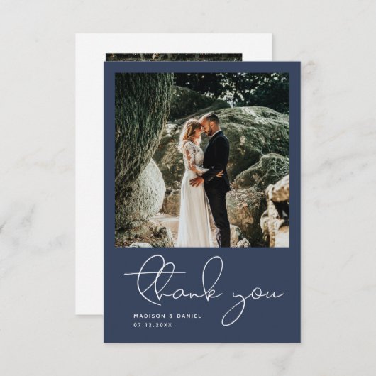 Minimalistisches modernes Script Foto Simple Blue Dankeskarte (Vorne/Hinten)