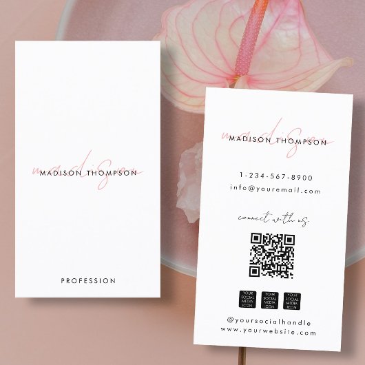 Minimalistisches, modernes Script QR Code Social M Visitenkarte