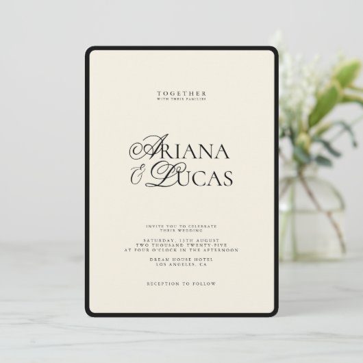 Minimalistisches, modernes Script Schwarz und Weiß Einladung (Stehend Vorderseite)