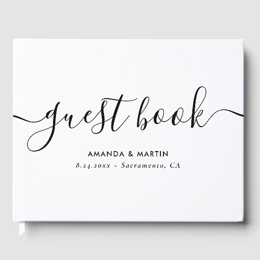 Minimalistisches, modernes Script Schwarz und Weiß Gästebuch (Vorderseite)