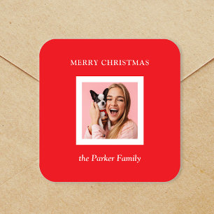 Minimalistisches modernes Weihnachten Rot mit Foto Quadratischer Aufkleber