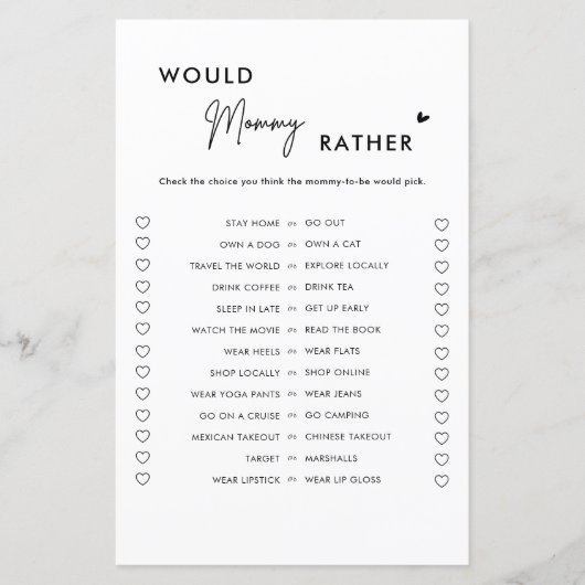 Minimalistisches Mommy eher Baby Shower Game (Vorderseite)