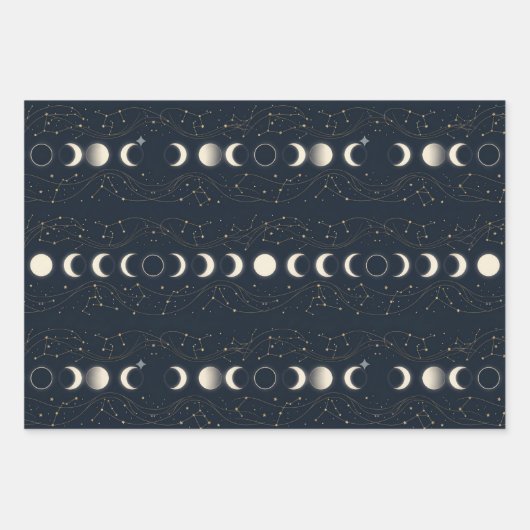 Minimalistisches Mondphasenmuster mit Sternen und  Geschenkpapier Set (Vorderseite)