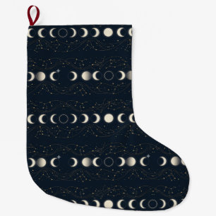 Minimalistisches Mondphasenmuster mit Sternen und  Großer Weihnachtsstrumpf