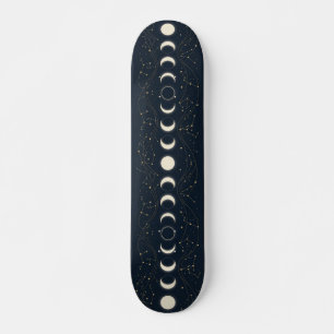 Minimalistisches Mondphasenmuster mit Sternen und Skateboard