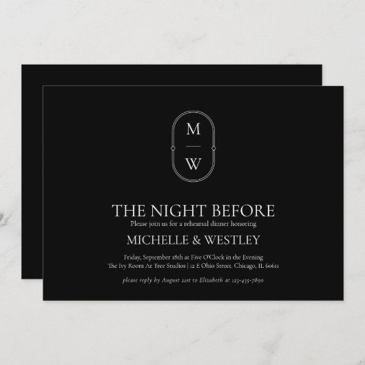 Minimalistisches Mongram Hochzeitessen Probe Einladung (Vorne/Hinten)