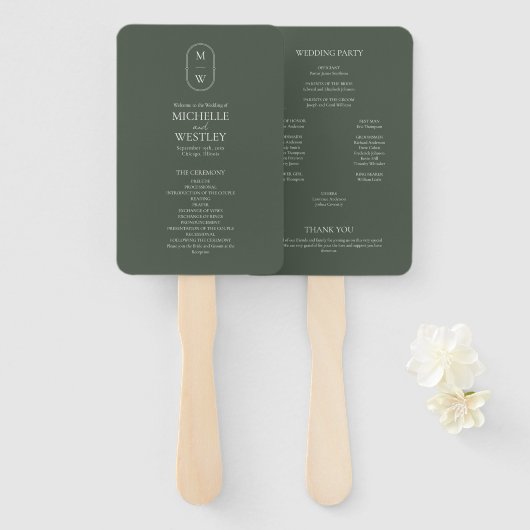 Minimalistisches Mongram Moss Green Wedding Progra Fächer (Vorne und Hinten)