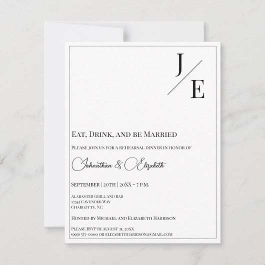 Minimalistisches Mongram Wedding Probe Dinner Weiß Einladung (Vorderseite)
