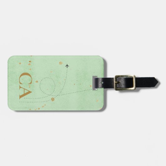Minimalistisches Monogram Gold Sage Green Airplane Gepäckanhänger (Vorderseite horizontal)