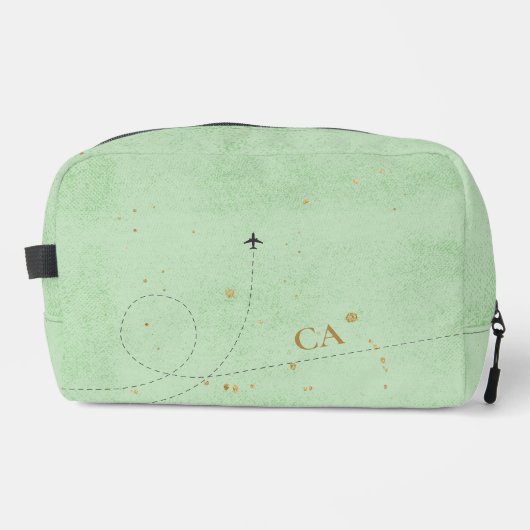 Minimalistisches Monogram Gold Sage Green Airplane Waschbeutel (Vorderseite)