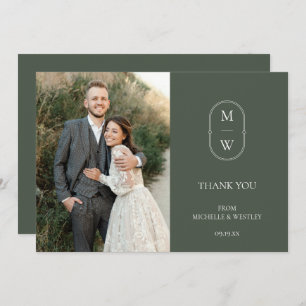 Minimalistisches Monogram Moss Green Wedding Foto Dankeskarte