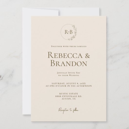 Minimalistisches Monogramm Blumenzauber-Neutral Einladung (Vorderseite)