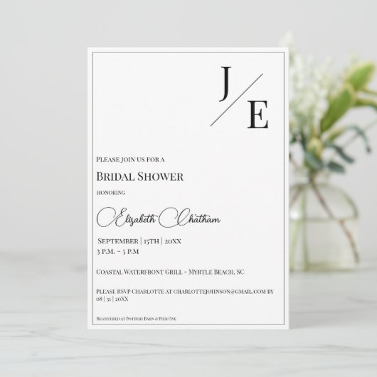 Minimalistisches Monogramm-Brautparty | Weiß Einladung (Stehend Vorderseite)