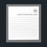 Minimalistisches Monogramm, graue Linse Notizblock<br><div class="desc">Ein modernes,  minimalistisches Notizblock in Grau und Weiß. Benutzerdefiniertes Monogramm Initial und Name auf einem einfachen,  weißen Hintergrund,  gerahmt durch einen grauen Rahmen. Personalisieren Sie die Eingabe mit den angegebenen Feldern,  oder wenden Sie sich mit der Schaltfläche 'Nachricht' an den Designer,  um Hilfe zu erhalten.</div>