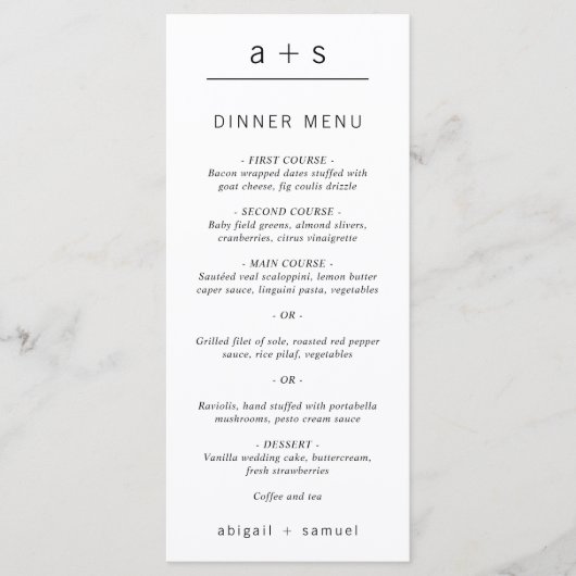 Minimalistisches Monogramm-Hochzeit in Schwarz-Wei Menükarte (Vorderseite)