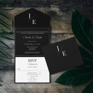 Minimalistisches Monogramm Hochzeit   Schwarz All In One Einladung