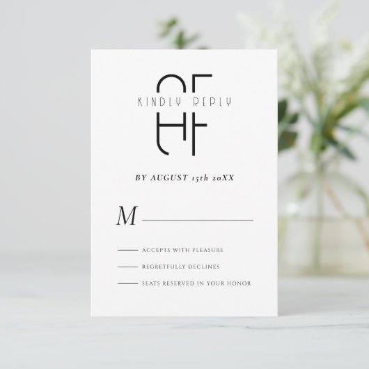 Minimalistisches Monogramm, modern weiß RSVP Karte (Stehend Vorderseite)