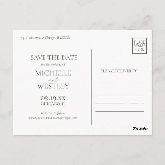 Minimalistisches Monogramm Moos Save the Date grün Postkarte (Rückseite)