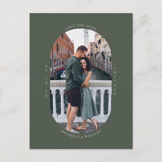 Minimalistisches Monogramm Moss Green Foto Save th Postkarte (Vorderseite)