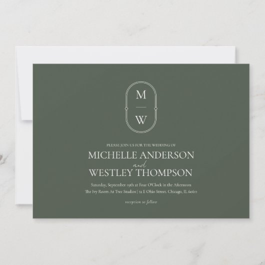 Minimalistisches Monogramm Moss Green Wedding Einladung (Vorderseite)