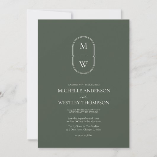 Minimalistisches Monogramm Moss Green Wedding Einladung (Vorderseite)
