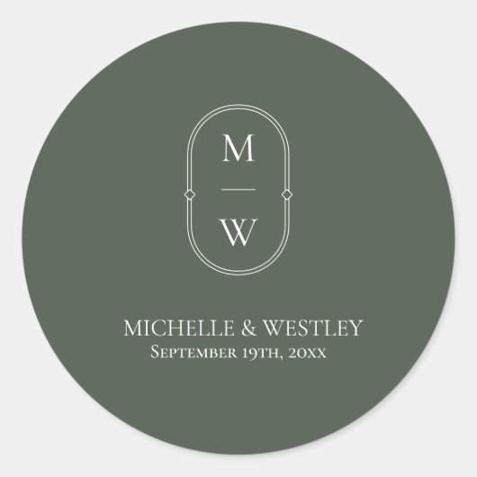 Minimalistisches Monogramm Moss Green Wedding Runder Aufkleber (Vorderseite)