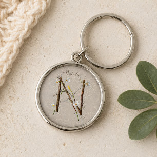 Minimalistisches Monogramm N: Zarte Blumen & Reben Schlüsselanhänger