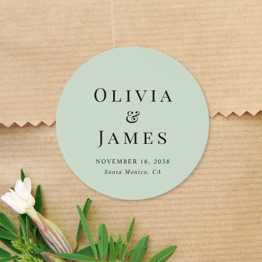 Minimalistisches Monogramm Salbeigrüne Hochzeit Runder Aufkleber