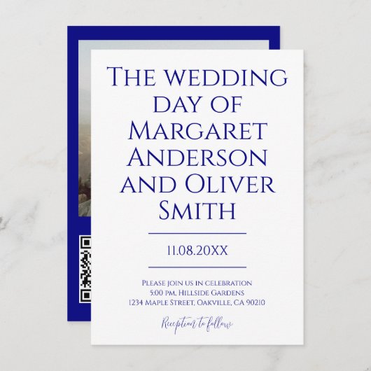 Minimalistisches Navy Blue All in One QR Code Wedd Einladung (Vorne/Hinten)