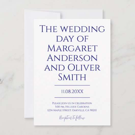 Minimalistisches Navy Blue All in One QR Code Wedd Einladung (Vorderseite)