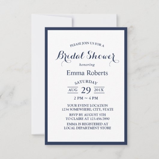 Minimalistisches Navy Blue Frame Elegantes Brautpa Einladung (Vorderseite)