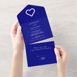 Minimalistisches Navy Blue mit Heart Modern Weddin All In One Einladung