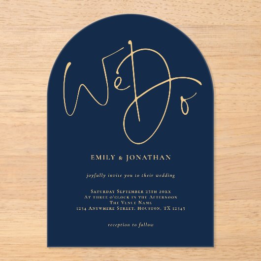 Minimalistisches Navy Blue und Gold Script machen Acryleinladungen (Vorderseite)