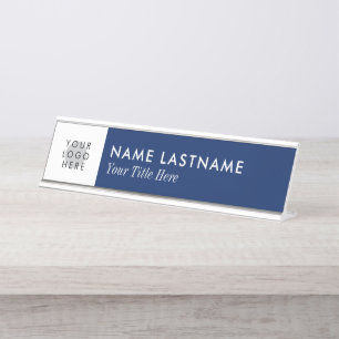 Minimalistisches Navy Blue White Logo Schreibtischnamensplakette