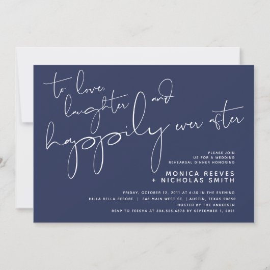 Minimalistisches Navy-Script-Hochzeitsessen Probe Einladung (Vorderseite)
