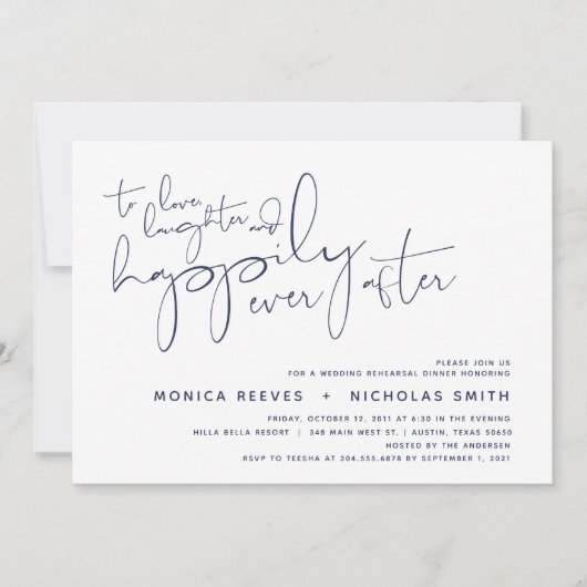 Minimalistisches Navy-Script-Hochzeitsessen Probe Einladung (Vorderseite)